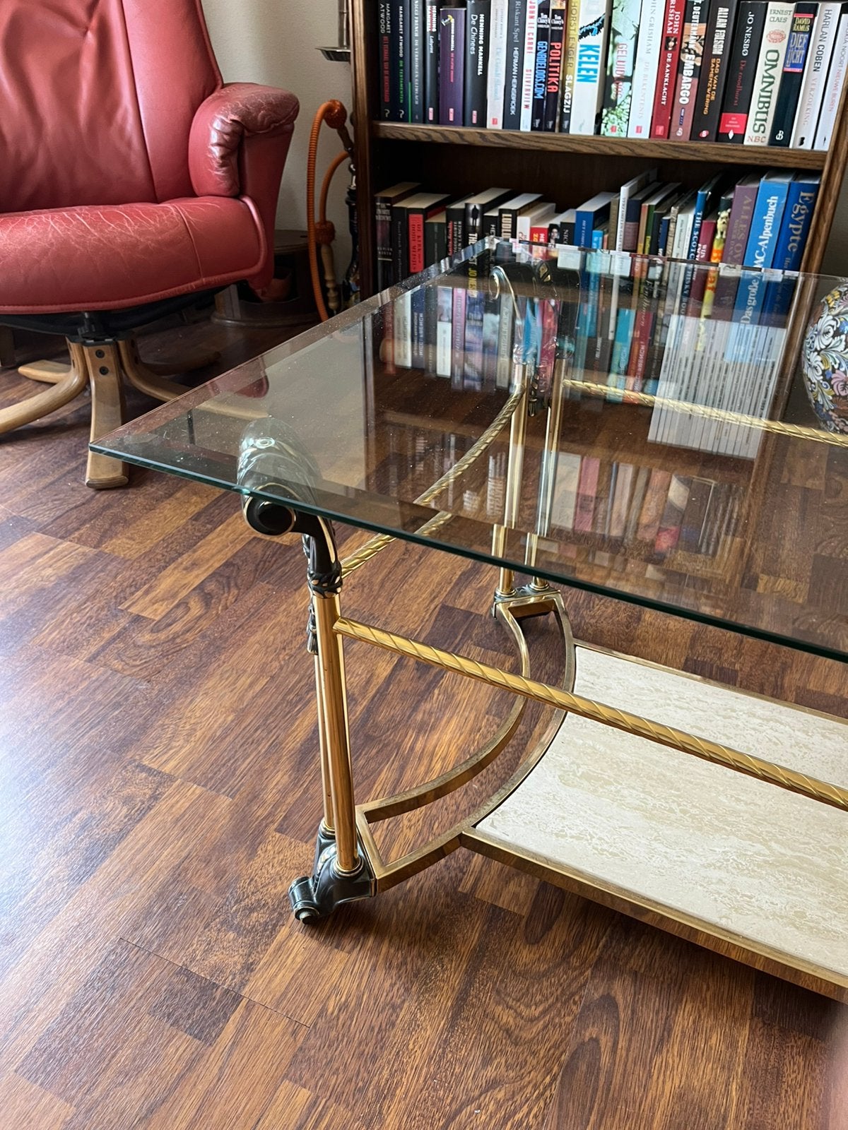 Design salontafel met geslepen glasplaat, Ophalen, Gebruikt, 100 tot 150 cm, 50 tot 100 cm