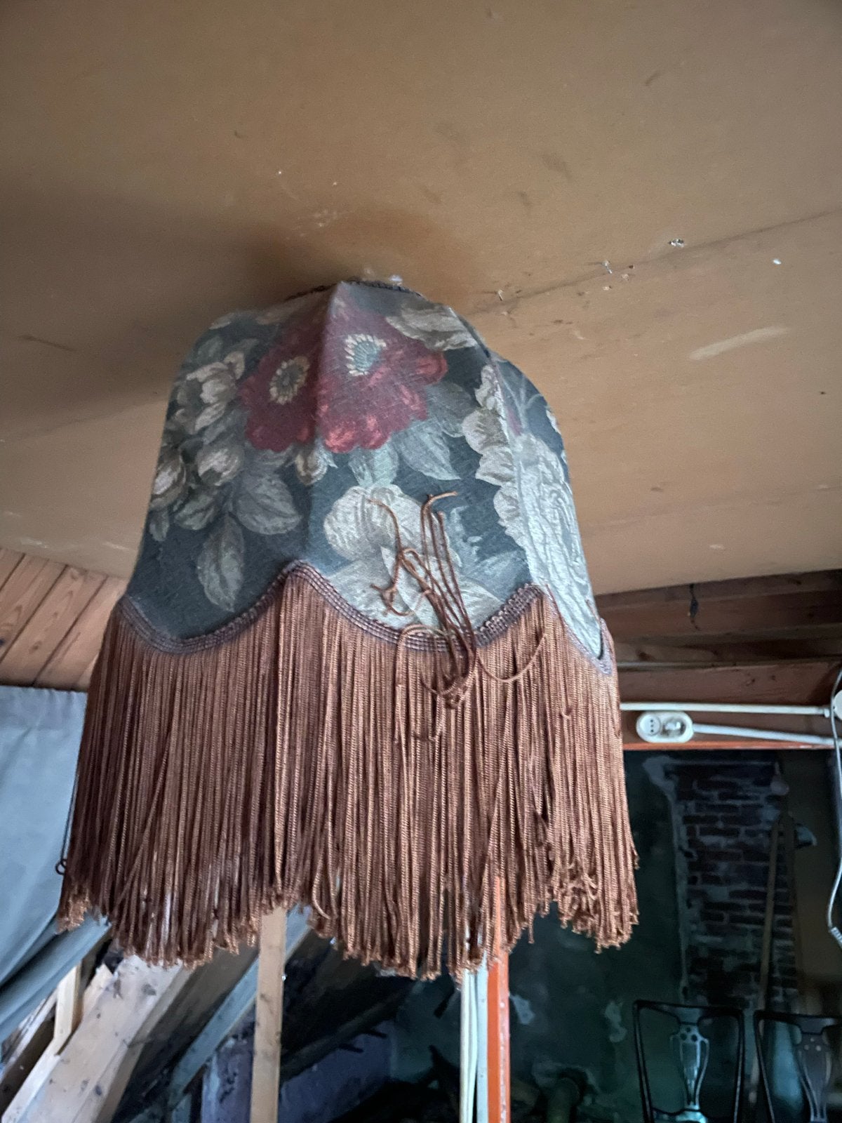 Vintage Hanglamp met Bloemenprint en Franjes, Hanglamp, Gebruikt, Meerkleurig, Ophalen of Verzenden