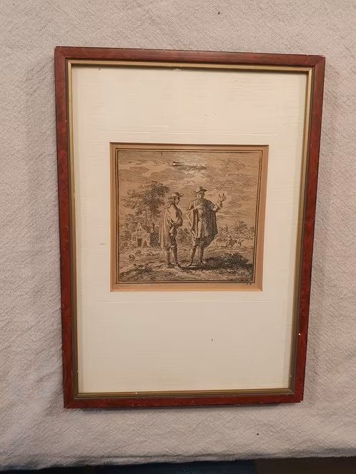 jan Luycken 1711 Man toont handschoen aan een metgezel., Ophalen