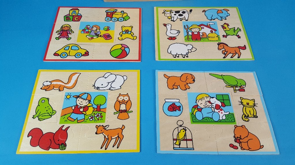 4 x houten puzzel in houten kistje. Compleet. K13, Tweedehands verkoop, Tweedehands verkoop, Gebruikt, Geen@idee.nl