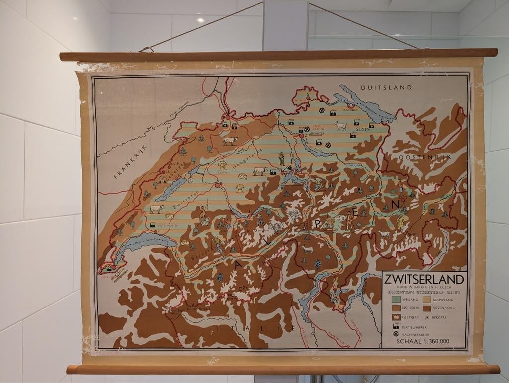 Vintage linnen schoolkaart Zwitserland, Antiek en Kunst, Antiek | Schoolplaten, Ophalen, Aardrijkskunde