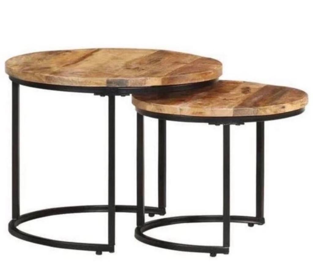 Set van 2 ronde salontafels van mangohout en metaal, Rond, 55 tot 75 cm, Zo goed als nieuw, Hout