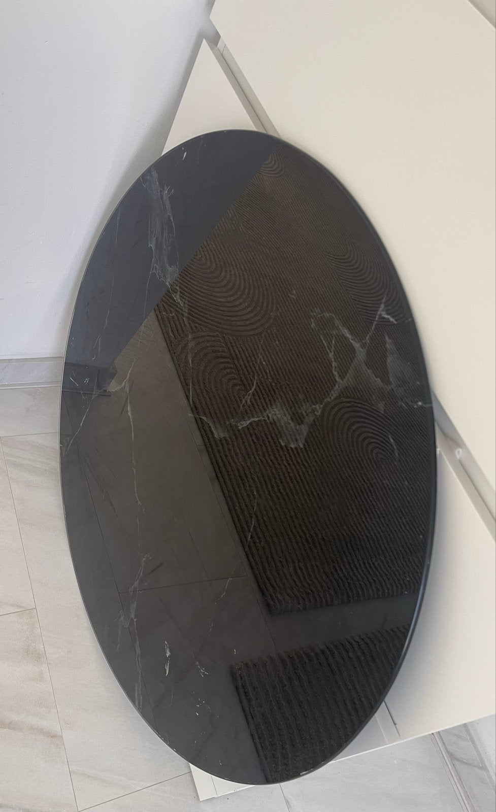 Rond glazen tafelblad met marmerlook, Huis en Inrichting, Tafels | Eettafels, Ophalen, Gebruikt, Rond, 50 tot 100 cm