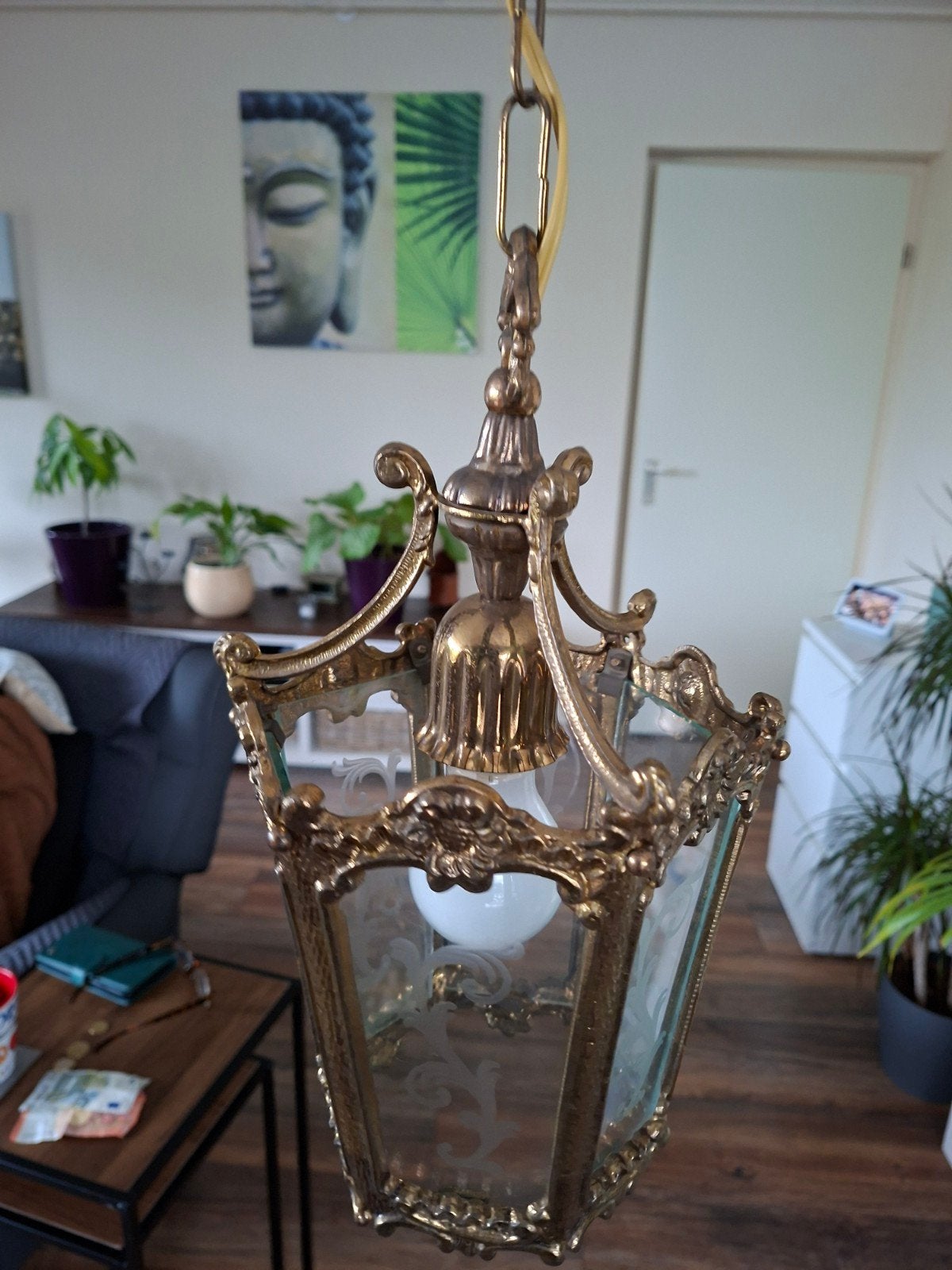 Antieke messing hanglamp met geëtst glas, Ophalen