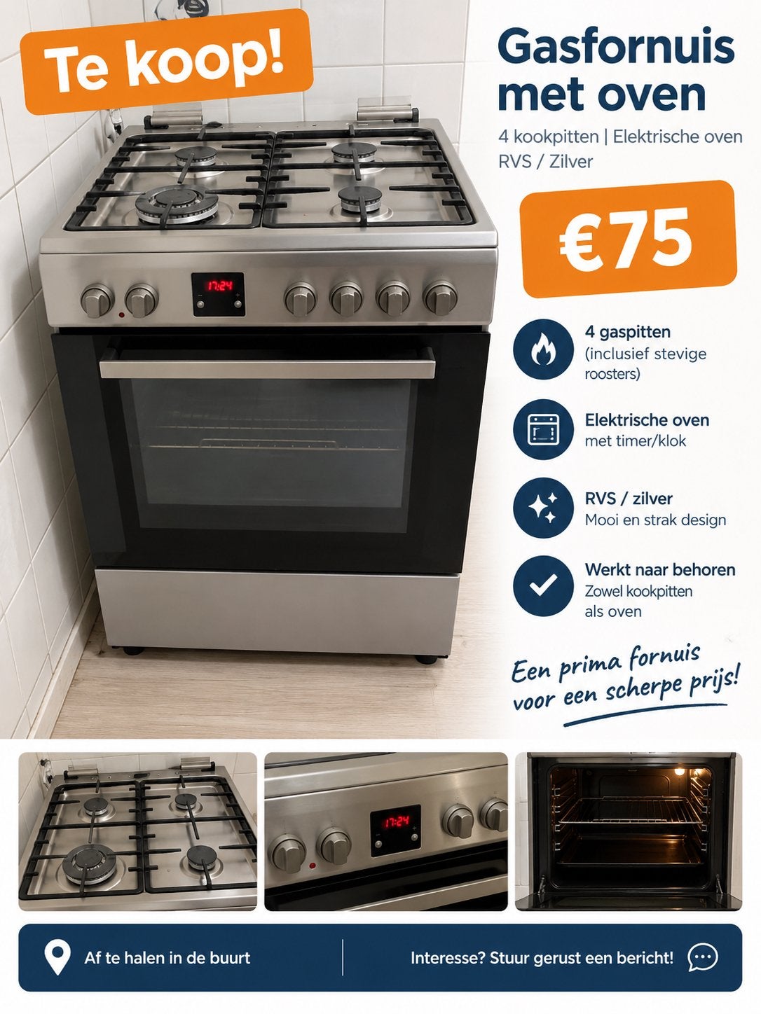Gasfornuis met oven - 4 gaspitten, elektrisch, RVS, Gebruikt, Gas, Vrijstaand, 4 kookzones