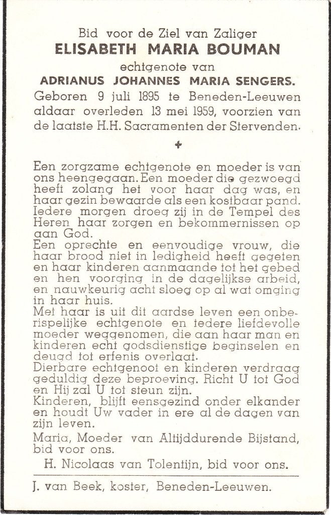 Beneden Leeuwen 1895 - 1959 Elisabeth Bouwman, Ophalen of Verzenden, Bidprentje