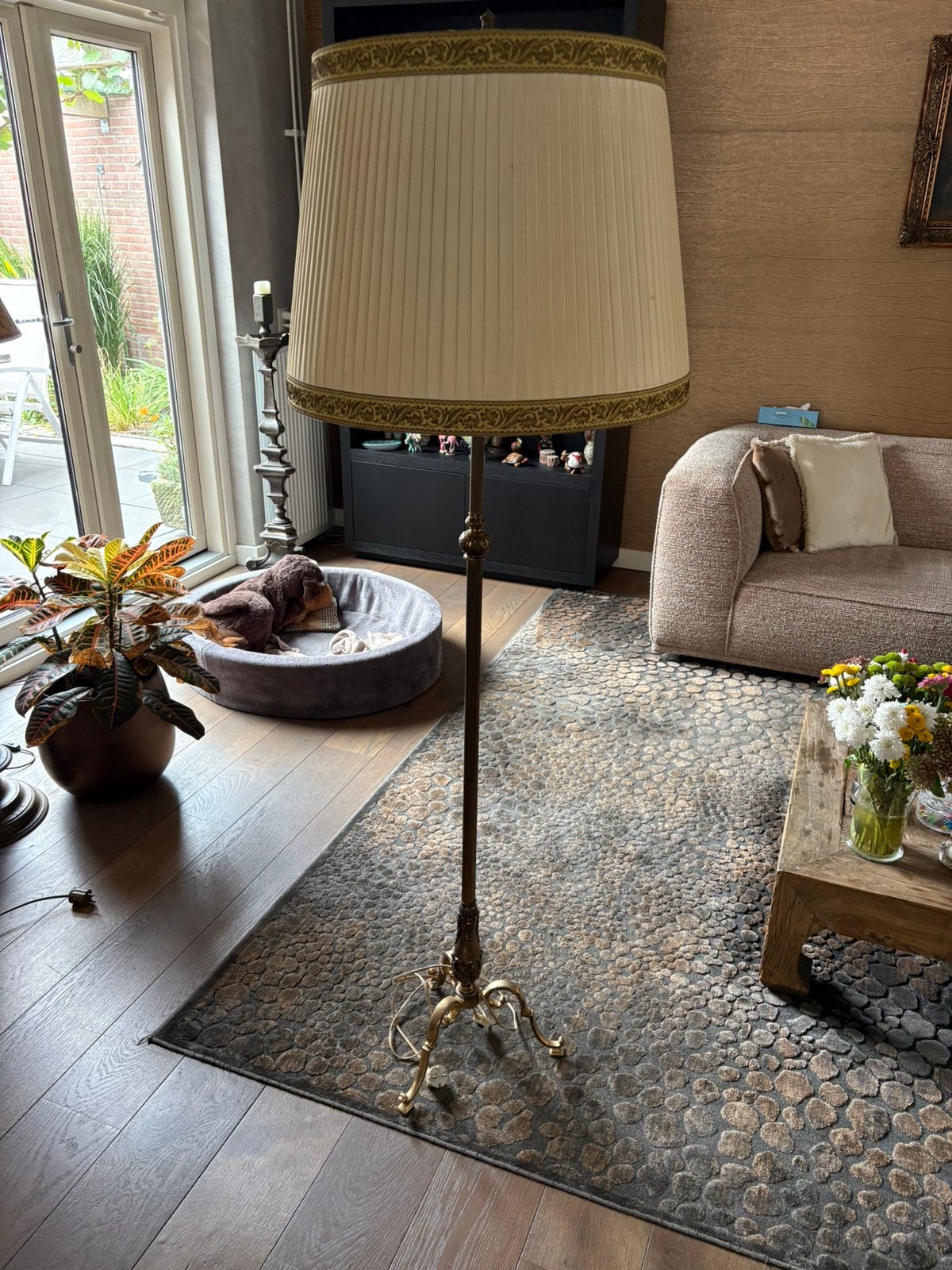 Vintage koperen lamp met creme kap, Ophalen, Gebruikt, E27 (groot), 150 tot 200 cm