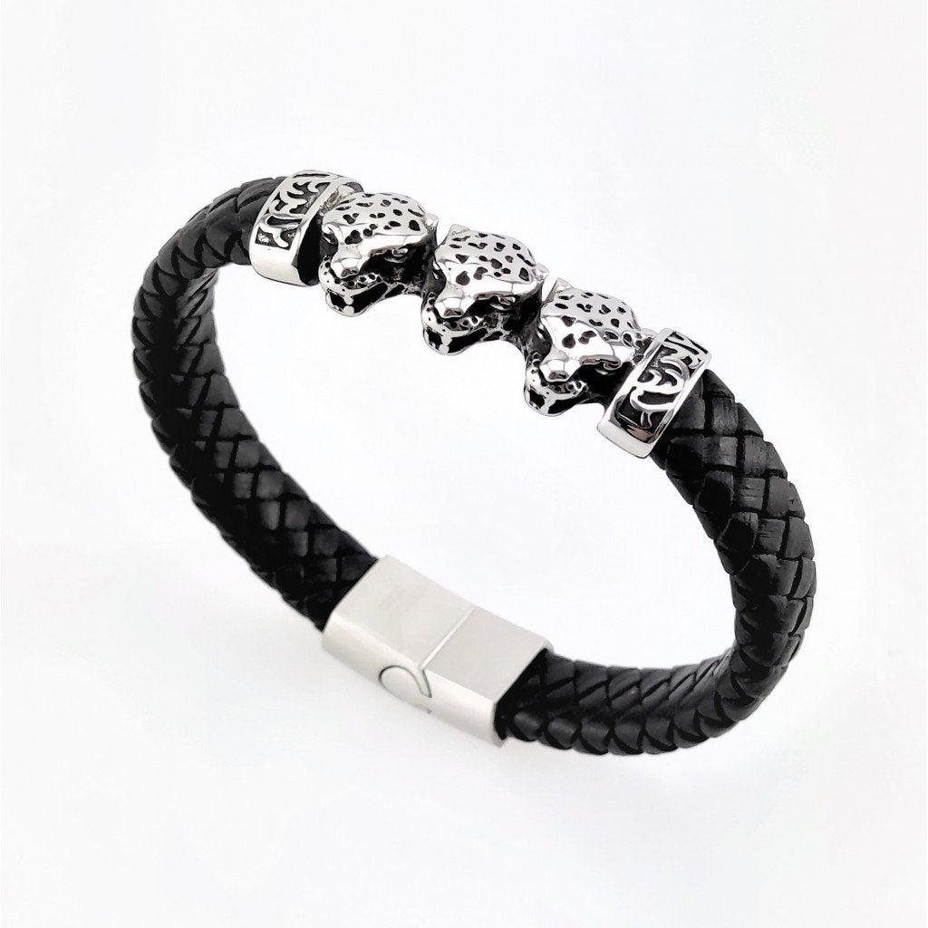 Zwart Gevlochten Leren Armband met RVS 3-Luipaarden, Staal, Birgitta-Gracht 33, 6465 EL Kerkrade, Nederland, Verzenden, Nieuw