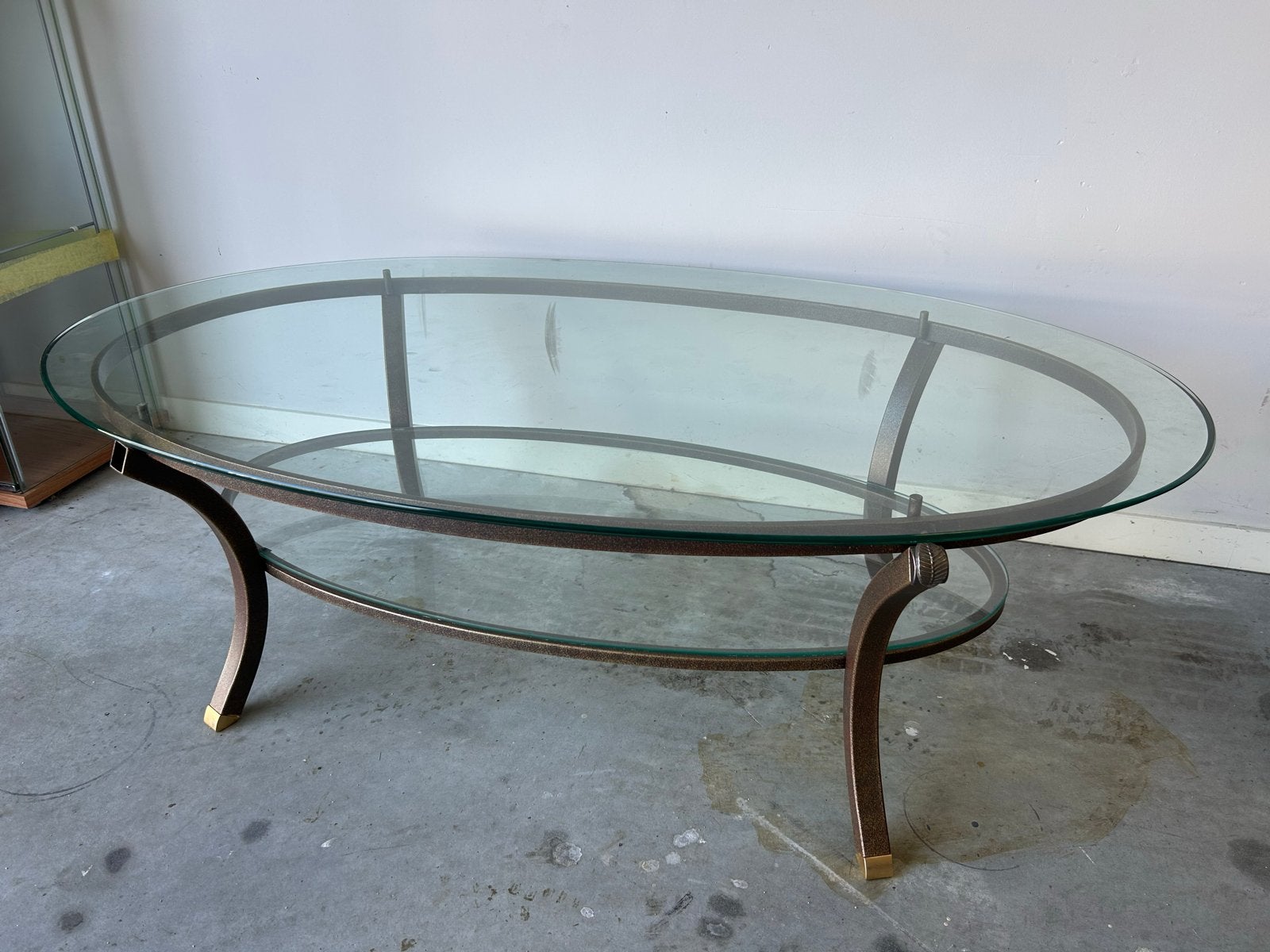 Pierre Vandel Paris Salontafel Ovaal Glas en Metaal, Ophalen, Gebruikt, 100 tot 150 cm, 50 tot 100 cm