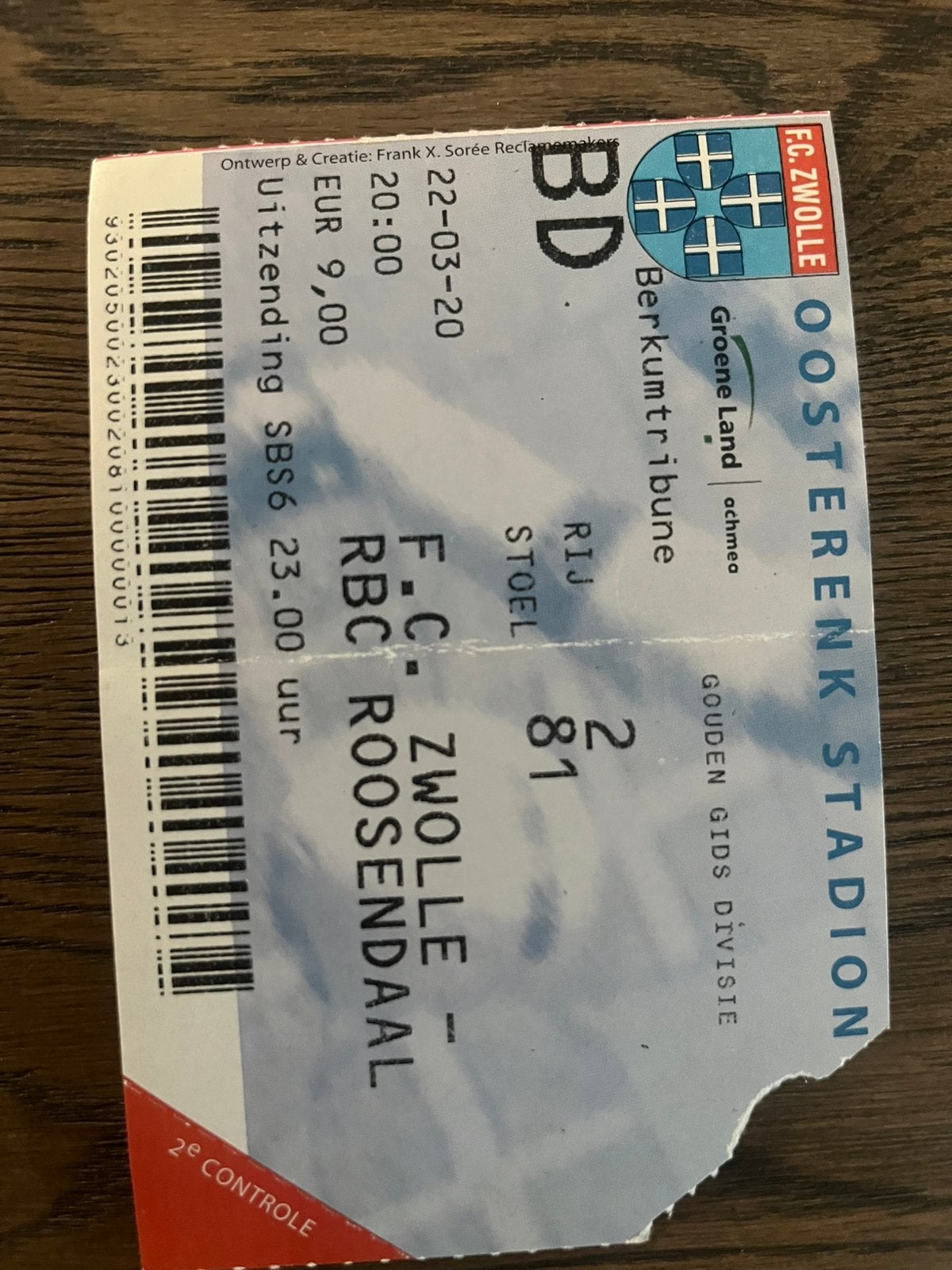 TICKET FC ZWOLLE-RBC 2000, Ophalen of Verzenden, Gebruikt, Overige binnenlandse clubs, Overige typen
