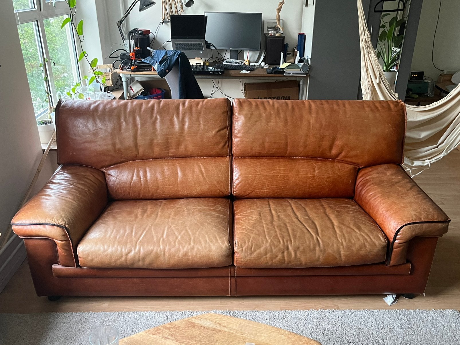 Roche Bobois 2/3 sits Design bank jaren 80/90 cuir de buffle, Ophalen, Tweepersoons, Zo goed als nieuw, Rechte bank