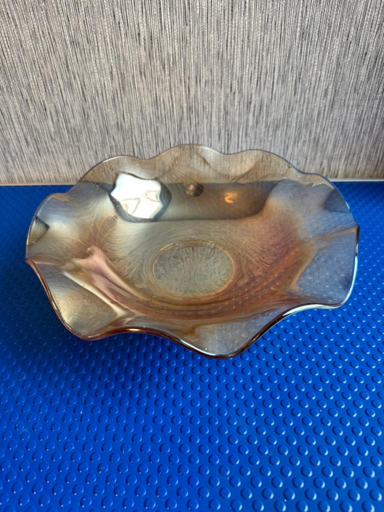 Antieke Amber/Marigold Persglas Schaal met Ruffled Edge, Ophalen of Verzenden