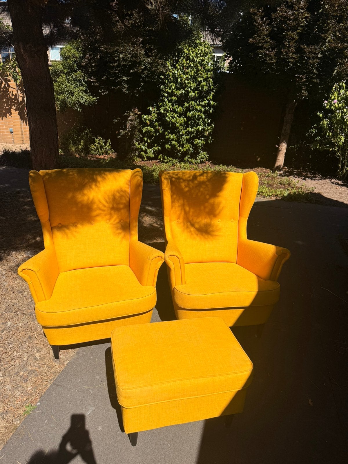 2 gele IKEA fauteuils incl. 1 bijpassend voetenbankje, Ophalen of Verzenden, Gebruikt, Stof, 75 tot 100 cm