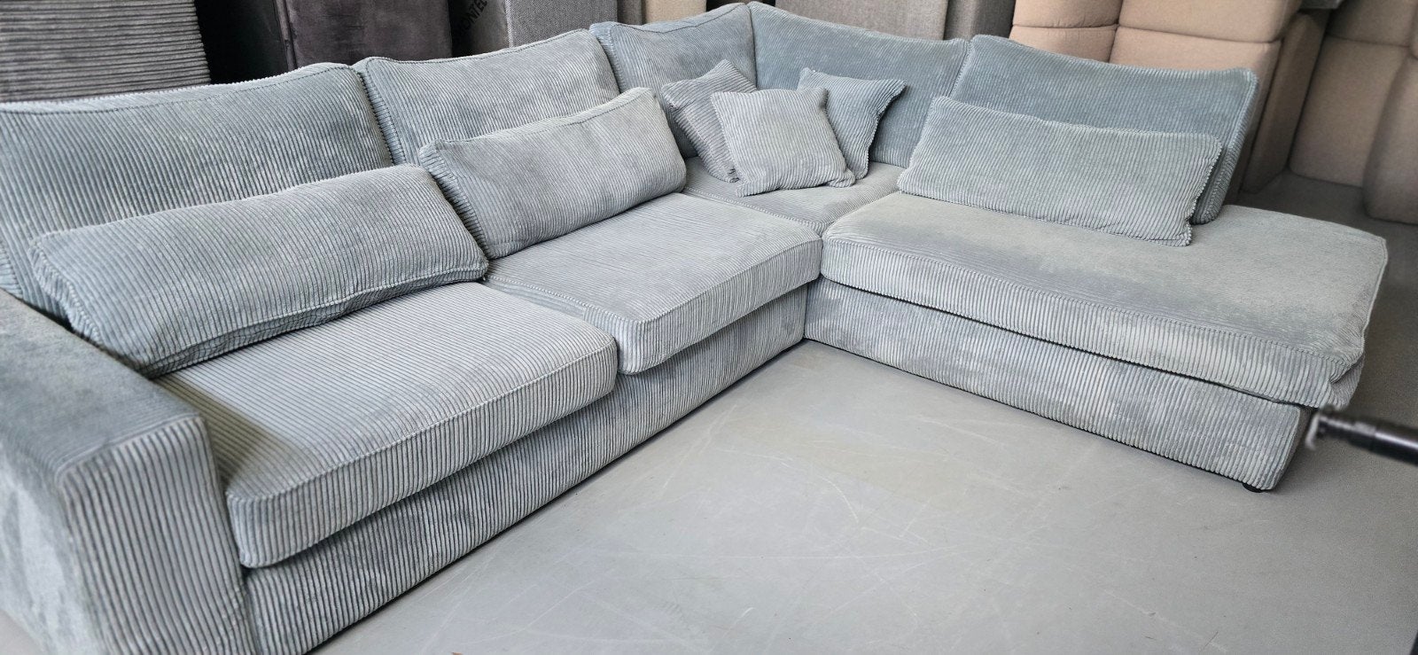 XXL Hoekbank Grijsblauw Ribstof - Comfortabele Plofbank, Huis en Inrichting, Gebruikt, 100 tot 125 cm, Hoekbank, 300 cm of meer