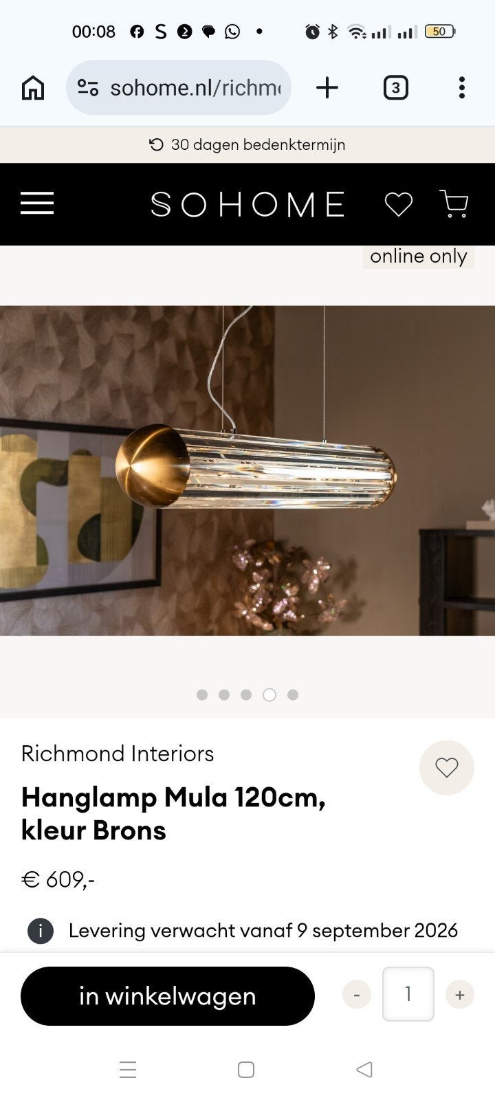 Richmond Interiors Hanglamp Mula 120cm, Brons, Ophalen, Nieuw, Glas, Modern, Luxe