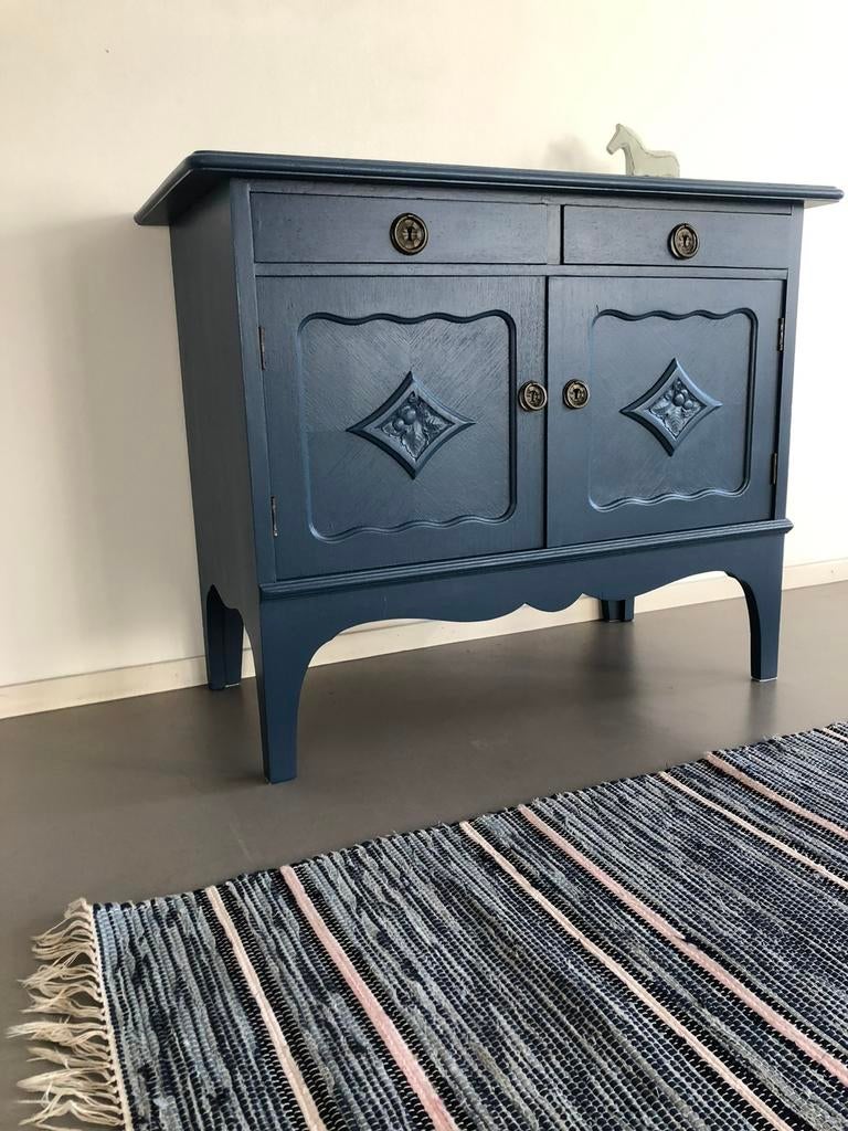Eikenhouten kastje geschilderd in nordisk blauw, Huis en Inrichting, Ophalen, Scandinavisch design, 1 of 2 laden, Geen
