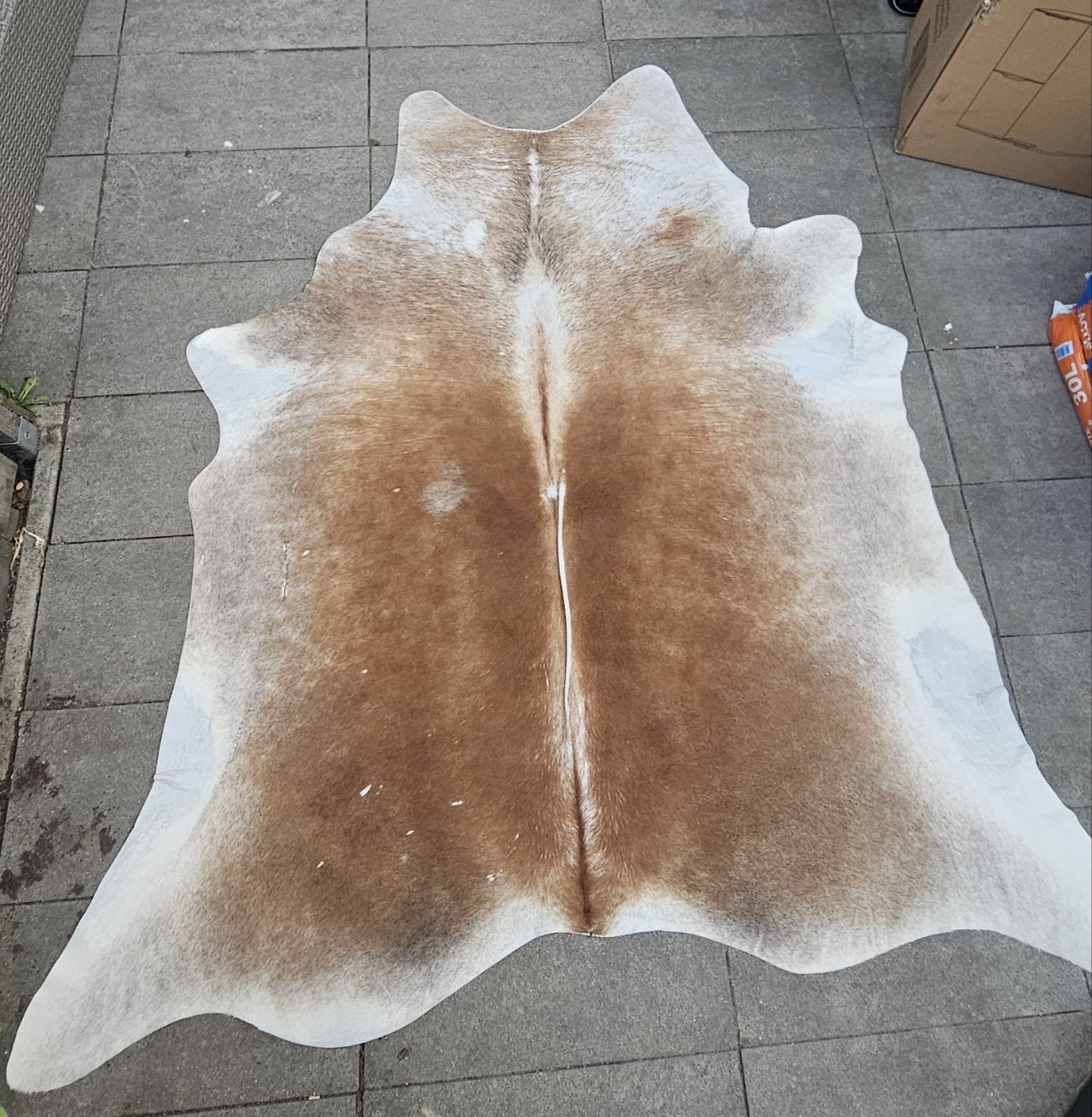 Bruin/wit koeienvel tapijt, Ophalen, 100 tot 150 cm, Rustiek, Natuurlijk, Bohemian, Zo goed als nieuw