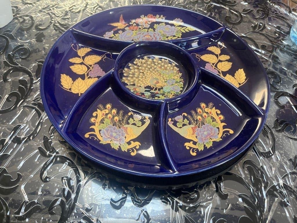 Vintage blauwe serveerschaal met vakverdeling – pauwdesign, Ophalen