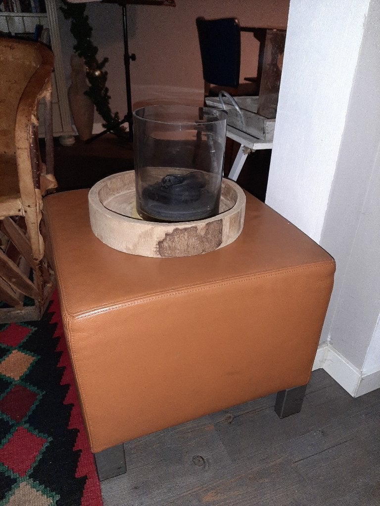 Poef lichtbruin leer, Ophalen, Minder dan 50 cm, Rond, Zo goed als nieuw
