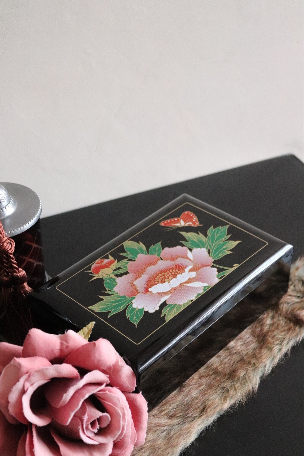 Vintage japans sieradendoosje met spiegel bloem en vlinder, Ophalen of Verzenden