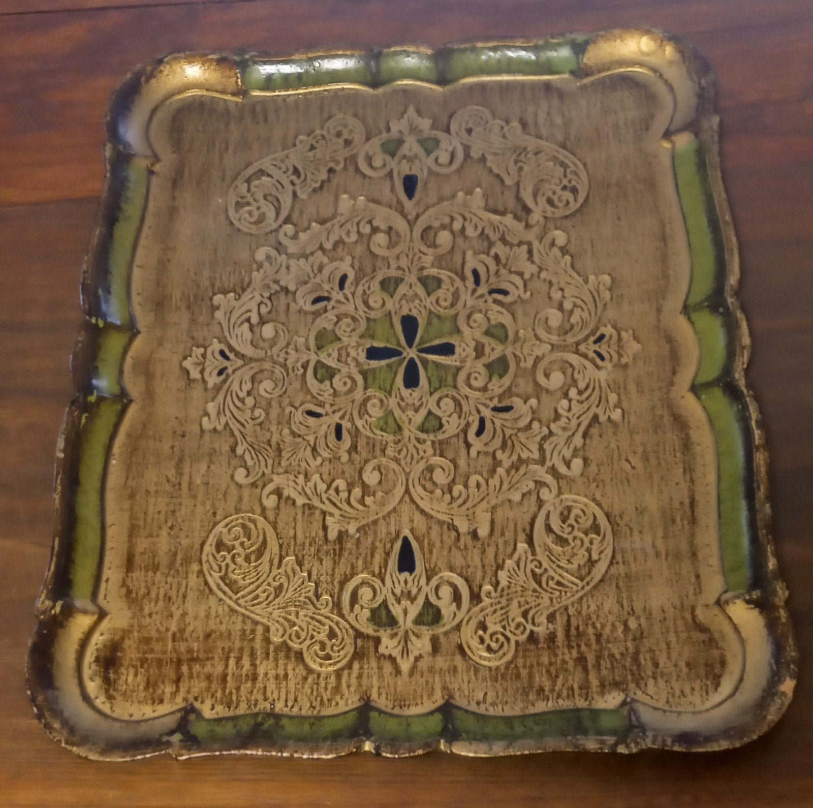 Mooi groot Florentijns dienblad, goud, groen, zwart, Ophalen of Verzenden, Zo goed als nieuw, Rond, Hout