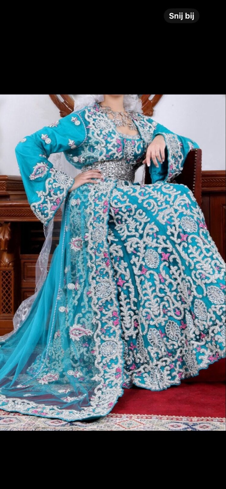 Marokkaanse jurk / Kaftan - Turquoise met borduurs, Kleding | Dames, Jurken, Blauw, Zo goed als nieuw, Onder de knie, Ophalen