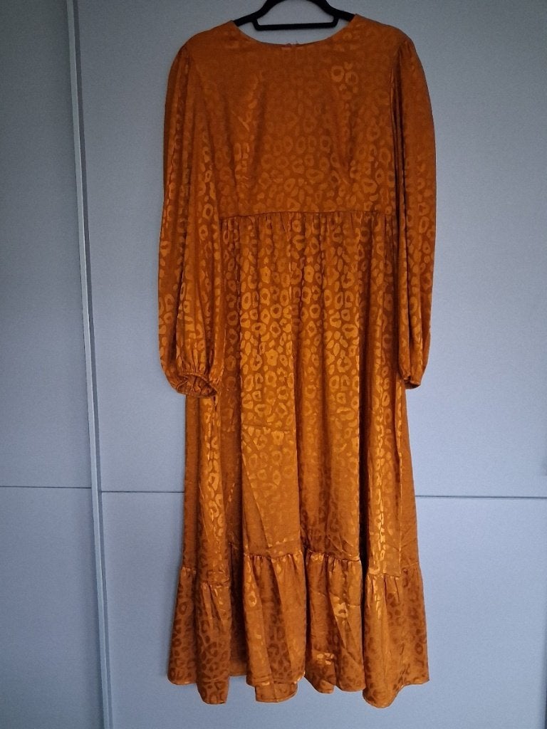 Oranje lange jurk met panterprint XL - Zo goed als nieuw, Kleding | Dames, Maat 46/48 (XL) of groter, Oranje, Ophalen of Verzenden