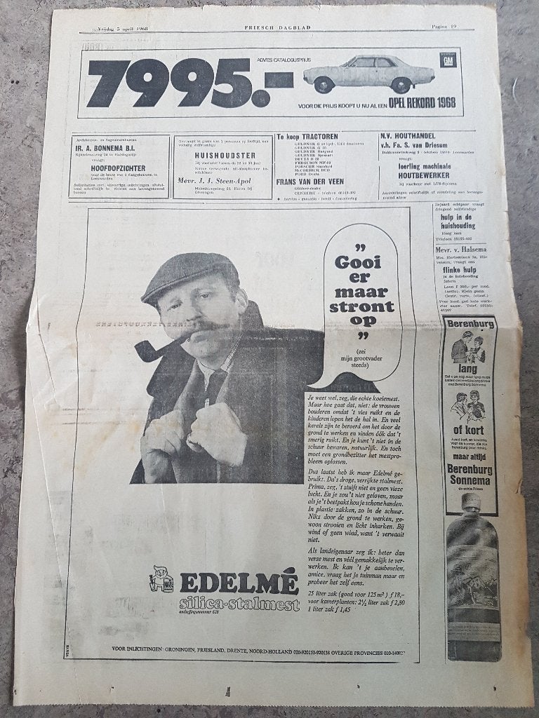 Advertentie voor mest: Gooi er maar stront op (1968), Ophalen of Verzenden, 1960 tot 1980, Knipsel(s)