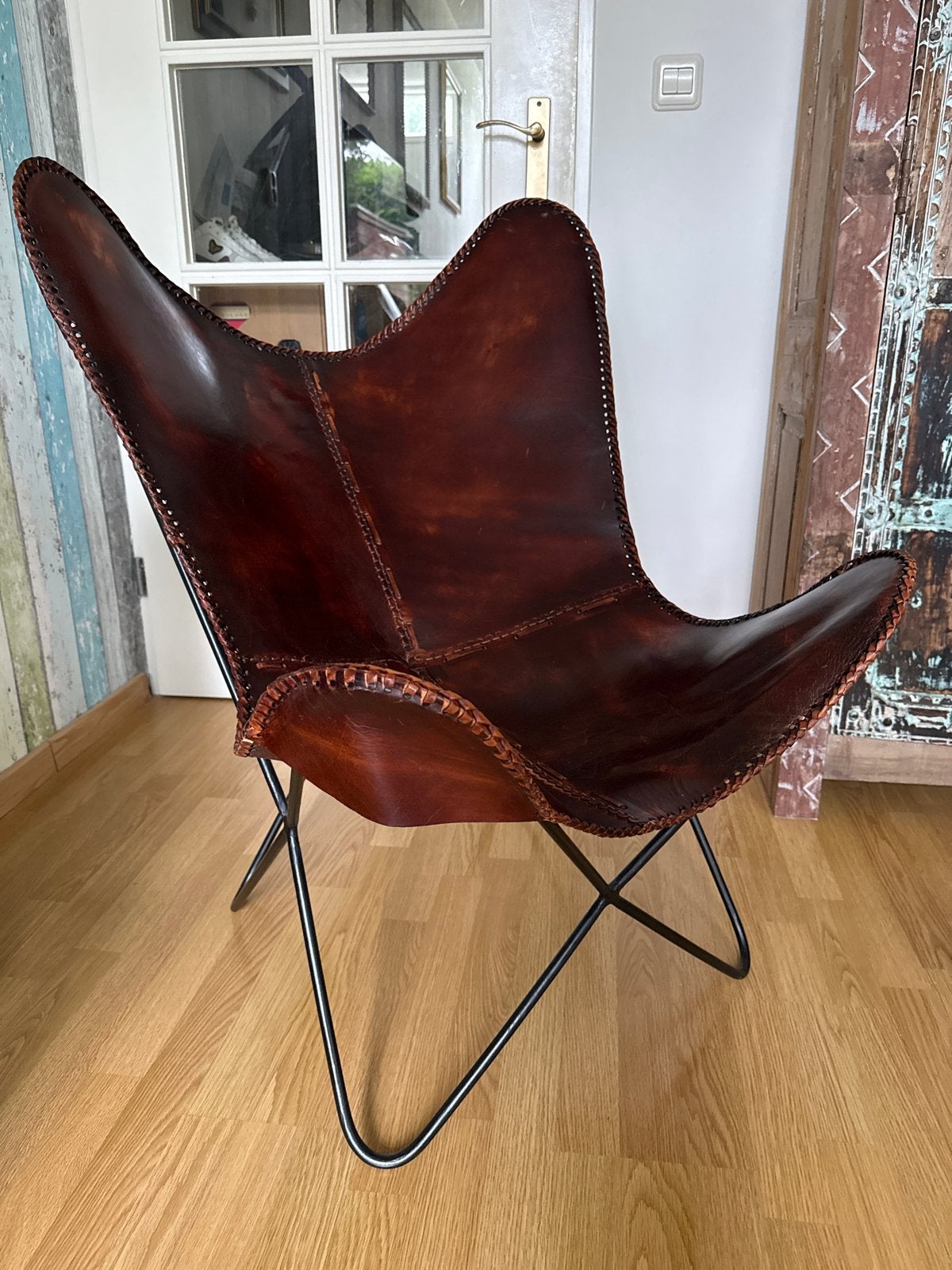 Leren Vlinderstoel - Bruin, Huis en Inrichting, Stoelen, Ophalen, Gebruikt, Bruin, Leer
