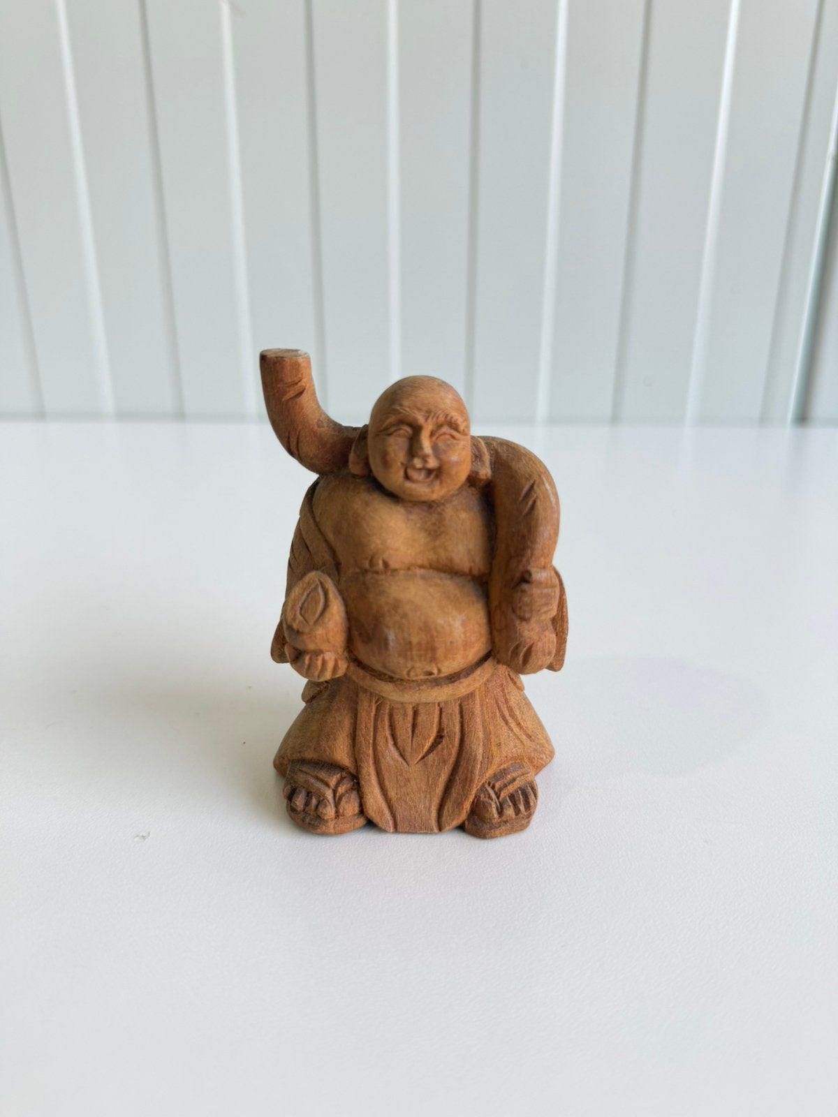Handgesneden houten Happy Boeddha uit Indonesië, Ophalen of Verzenden, Zo goed als nieuw