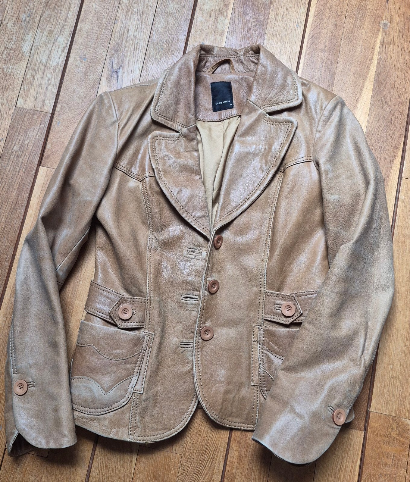 Vero Moda leren jasje maat M, Ophalen of Verzenden, Gedragen, Maat 38/40 (M), Beige