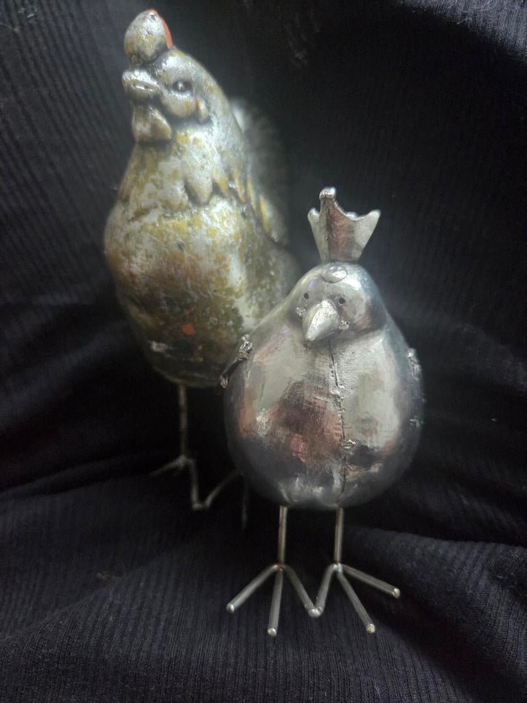 Metalen kip en haan - Paasdecoratie, Ophalen of Verzenden, Gebruikt