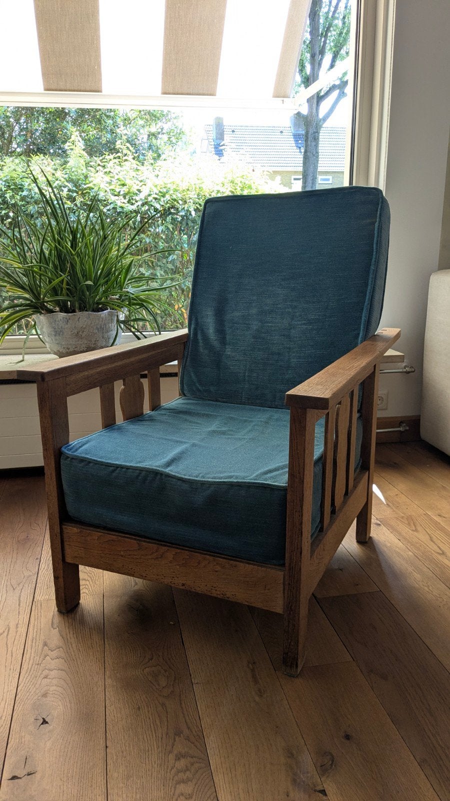 Vintage Eikenhouten Rokersstoel met Blauwgroene Kussens, Ophalen, Gebruikt, Overige kleuren, Stof