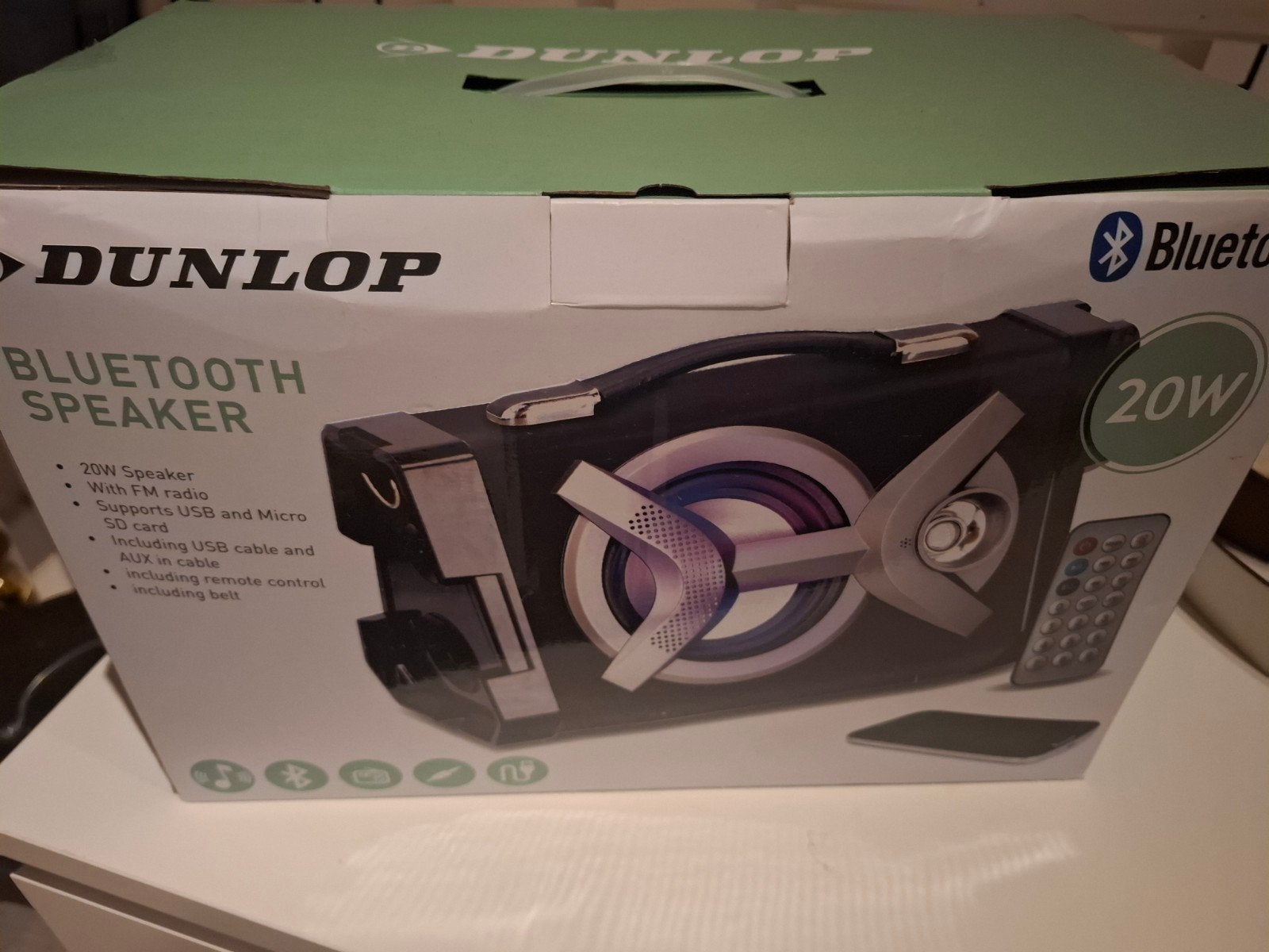 Dunlop Bluetooth Speaker 20W met FM radio en USB/SD, Nieuw, Afstandsbediening, Draagbare speaker, Minder dan 60 watt