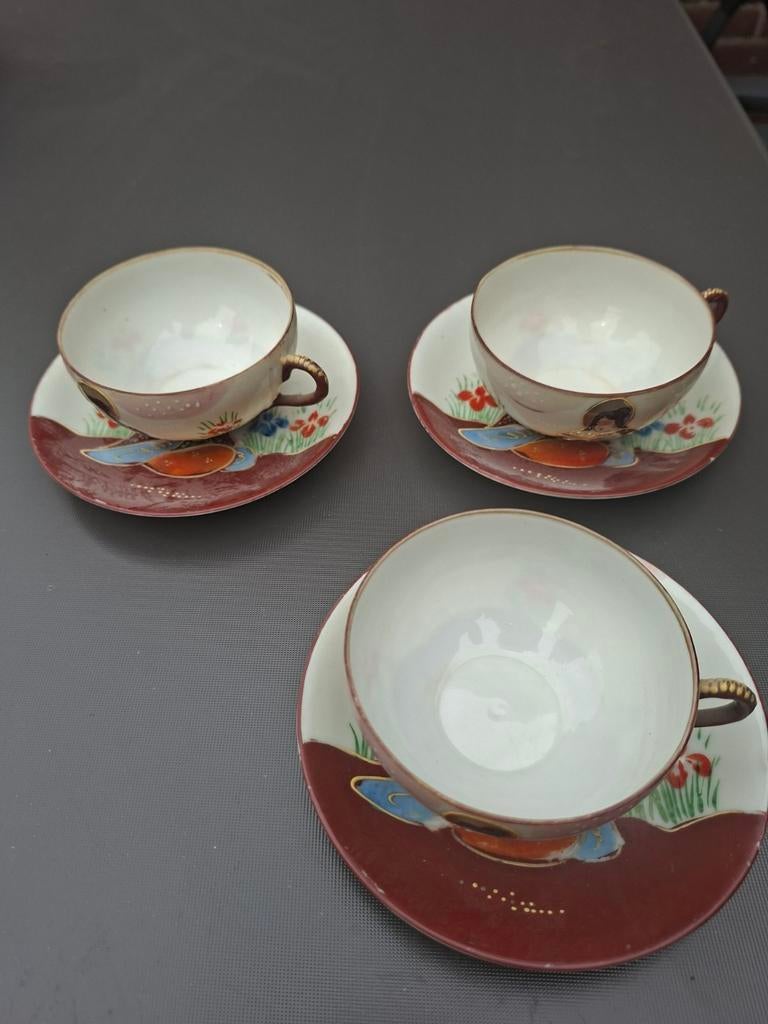 3 Vintage Japanse kop en schotel sets met Geisha decor, Ophalen