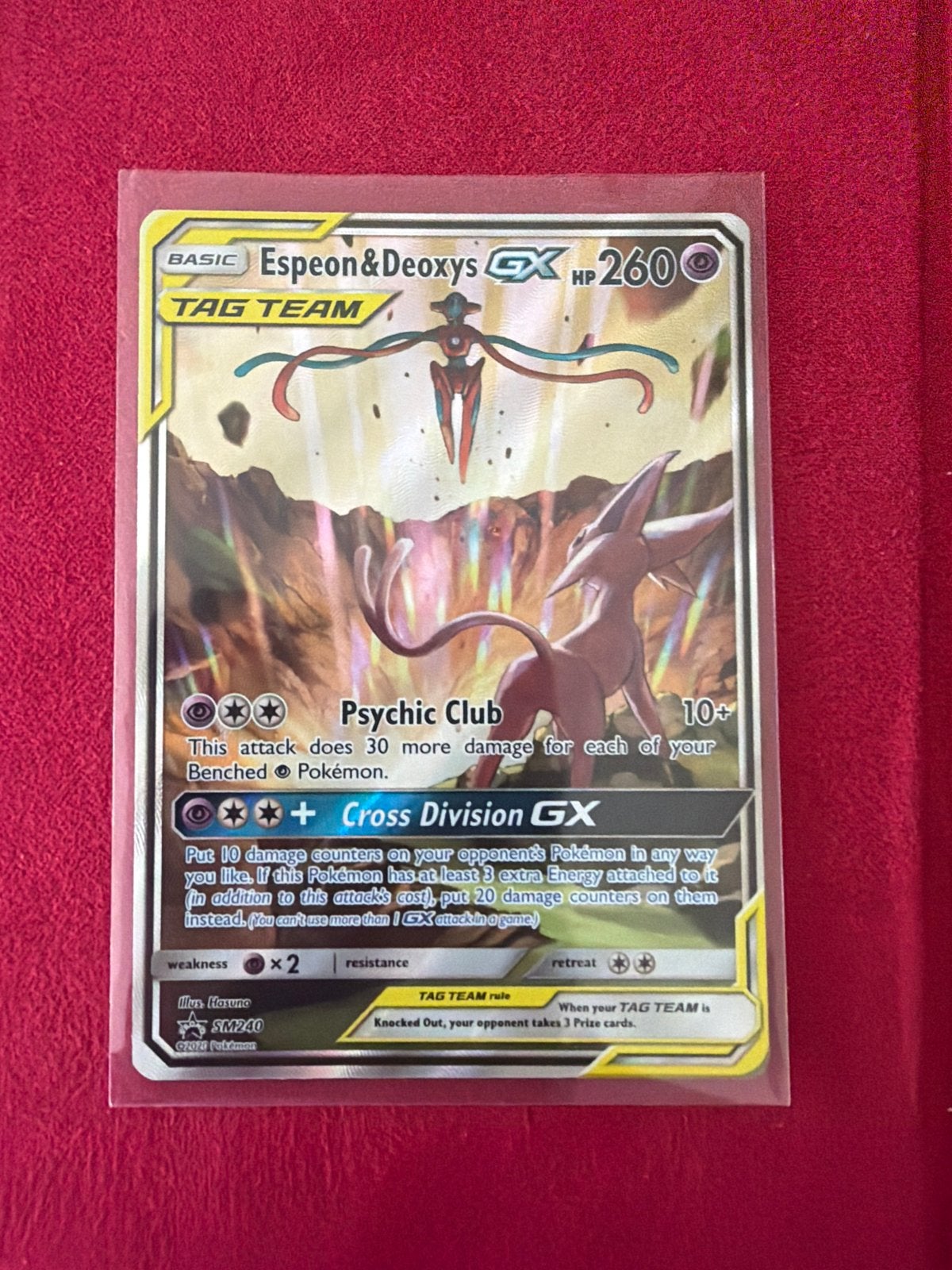 Espeon & Deoxys GX SM240 Tag Team Pokémon Kaart, Ophalen of Verzenden, Zo goed als nieuw, Losse kaart
