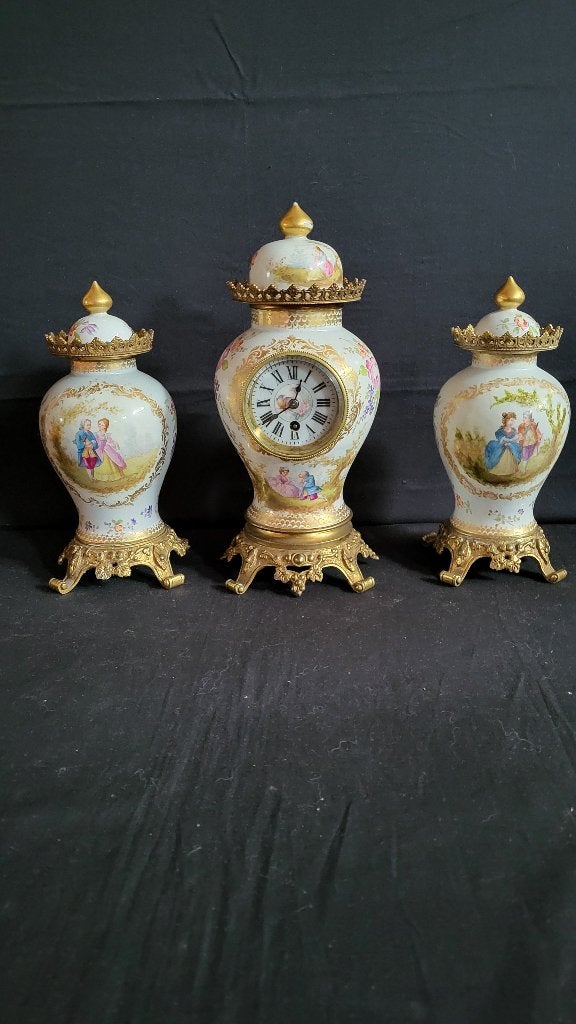 (27) Antieke Franse Bronzen mini Vaasklok + kandelaren 1870, Ophalen of Verzenden