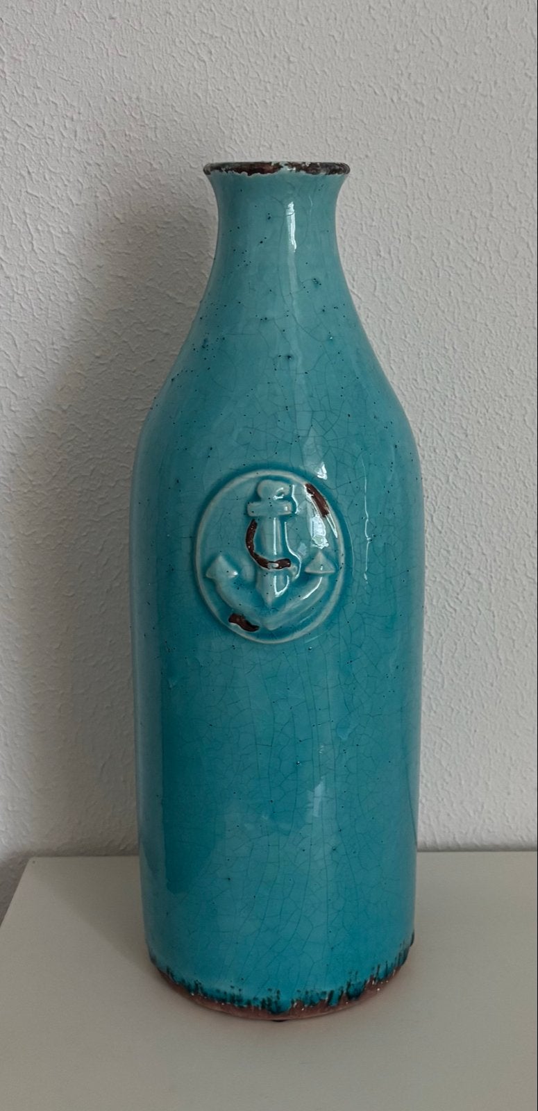 Turquoise vaas met anker reliëf - 35 cm hoog, Ophalen, Blauw, 35 cm, Zo goed als nieuw