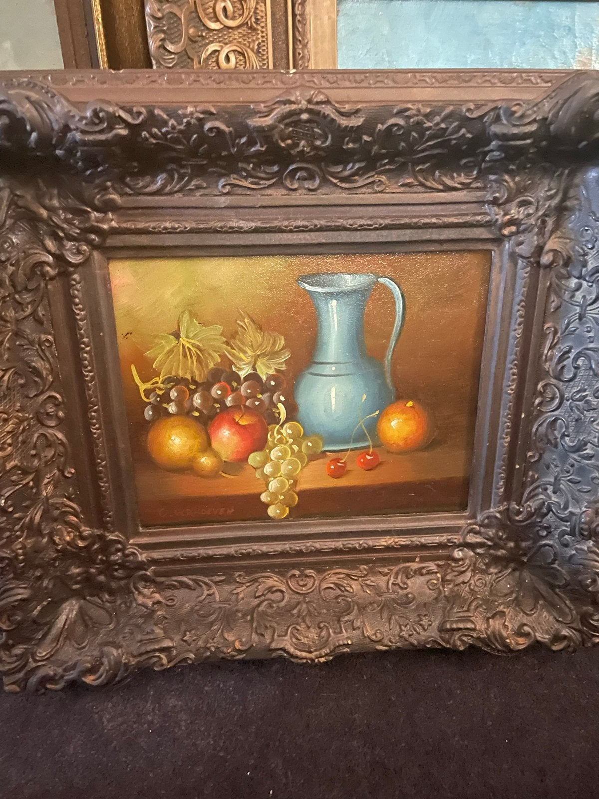 Stilleven met fruit en kan, gesigneerd G. Verhoeven, Antiek en Kunst, Doek, Stilleven, Ophalen of Verzenden, Gesigneerd