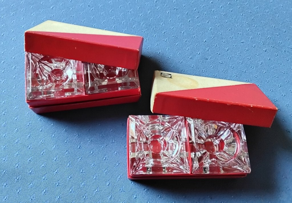 4 vintage kristallen kandelaars in originele verpakking, Ophalen