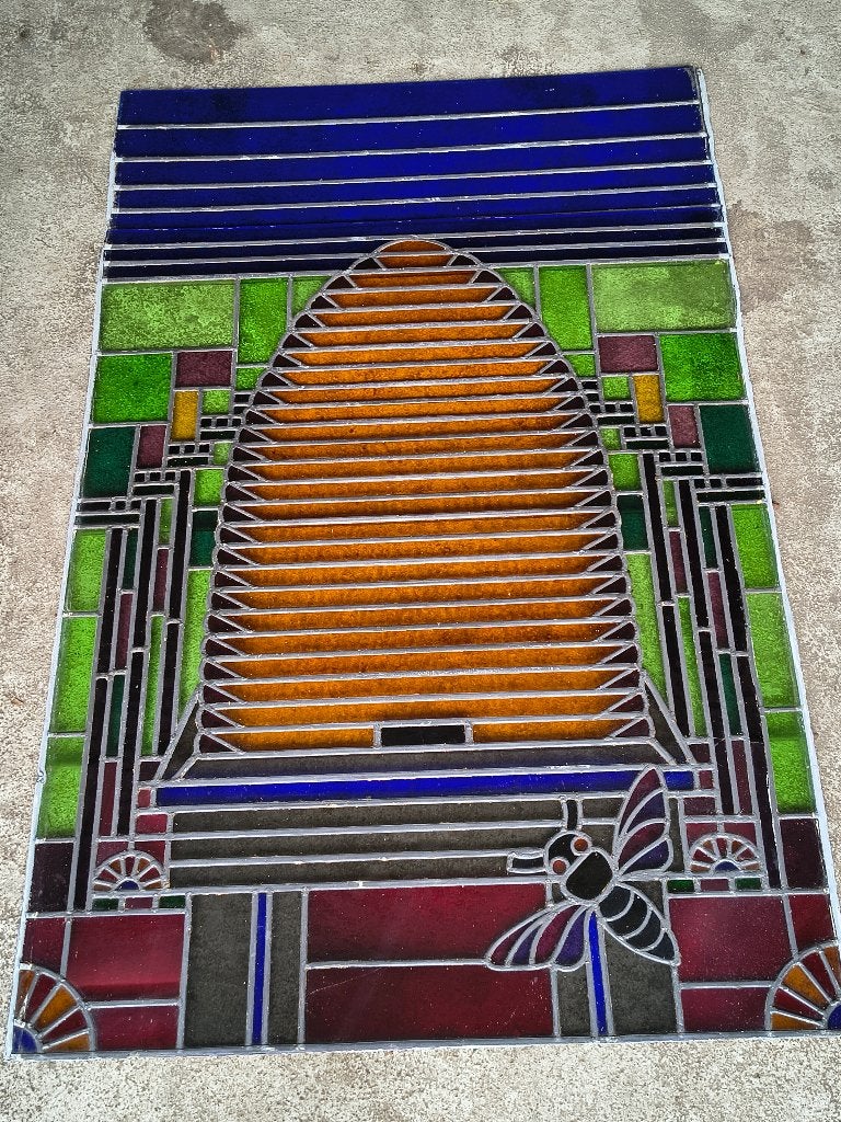 glas in lood raam bijenkorf, Ophalen, Vintage, Gebruikt, Meerkleurig