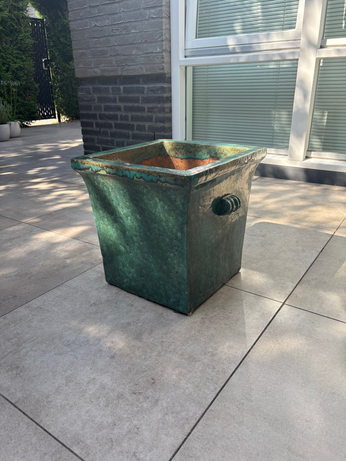 Grote vierkante bloempot, groen geglazuurd, Tuin en Terras, Overige materialen, Gebruikt, Vierkant, Ophalen of Verzenden