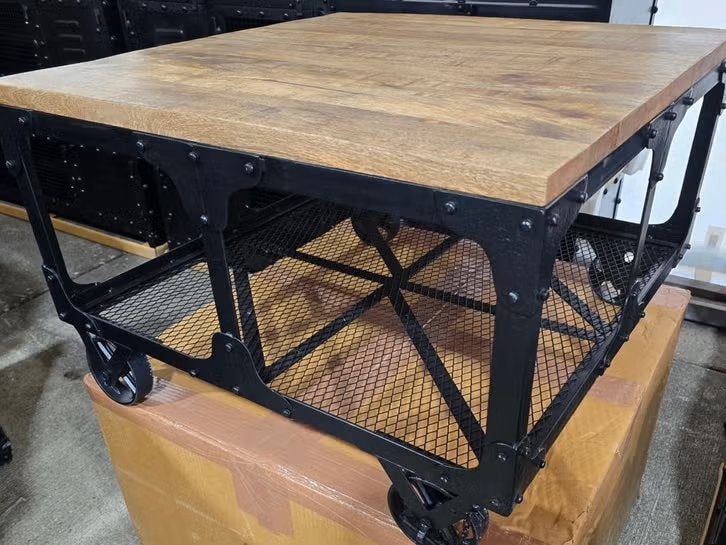 Salontafel industrieel zwart metaal met mangohout 75x75 cm, 100 tot 150 cm, Vierkant, Nieuw, 50 tot 100 cm