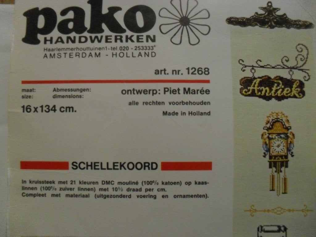 Pako schellenkoord borduurpatroon antieke voorwerpen + garen, Antiek en Kunst, Ophalen of Verzenden