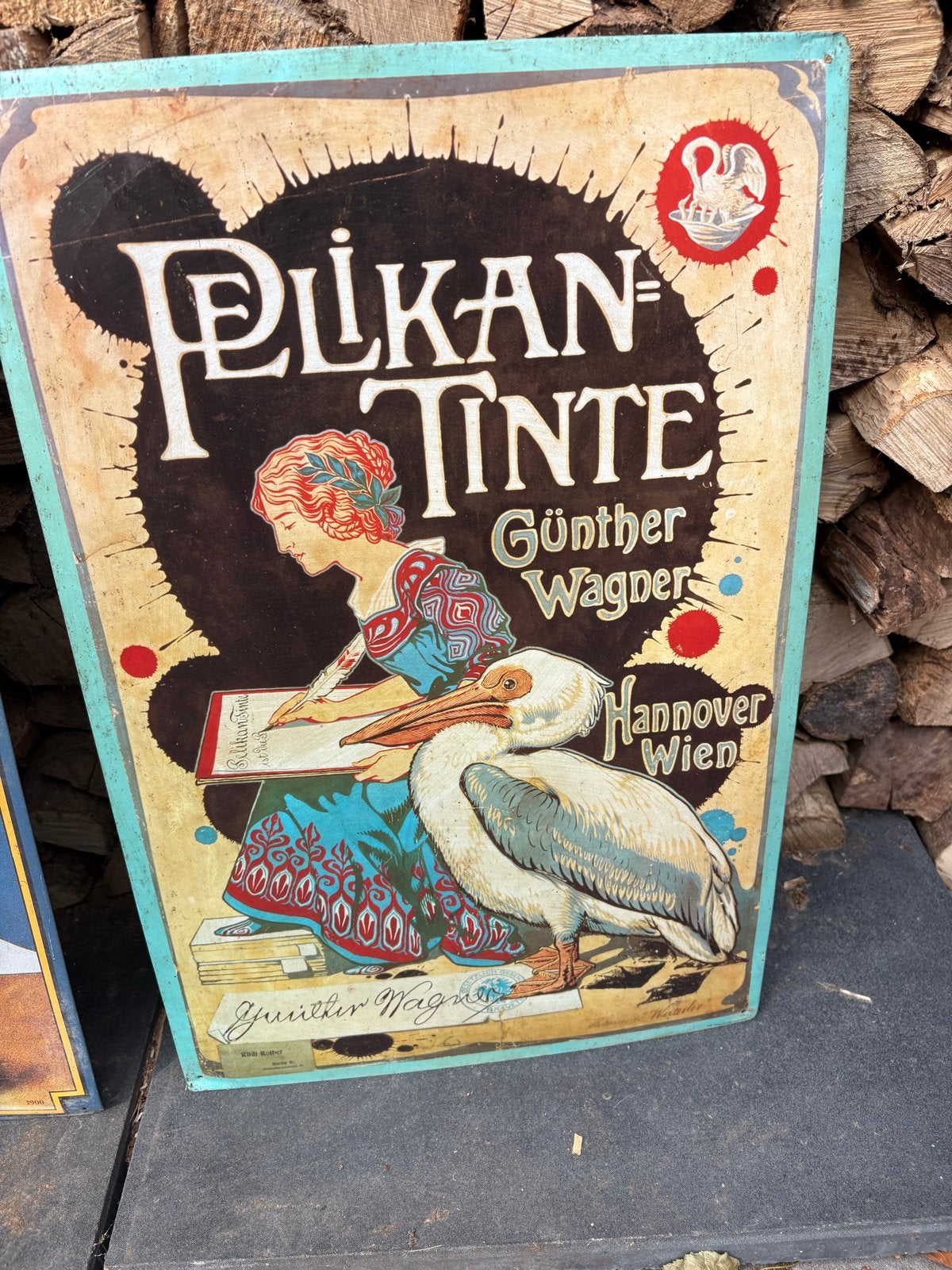 Vintage Pelikan Tinte Emaille Reclamebord 60 x 39 cm, Ophalen of Verzenden