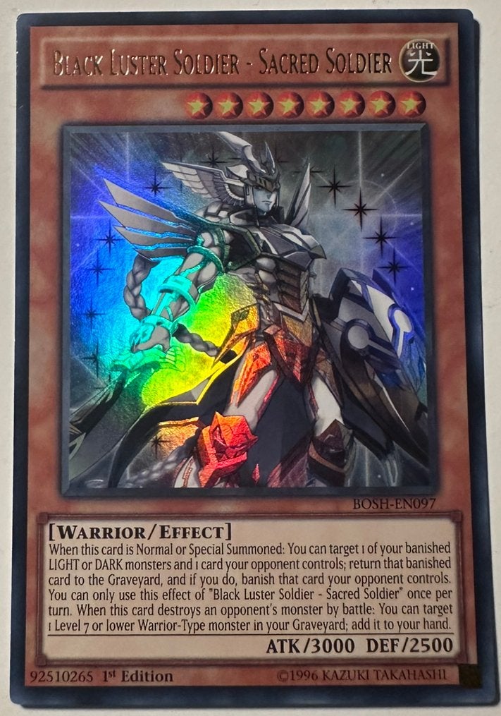 Yu-Gi-Oh! Black Luster Soldier - Sacred Soldier BOSH 1st !, Ophalen of Verzenden, Zo goed als nieuw, Losse kaart, Foil