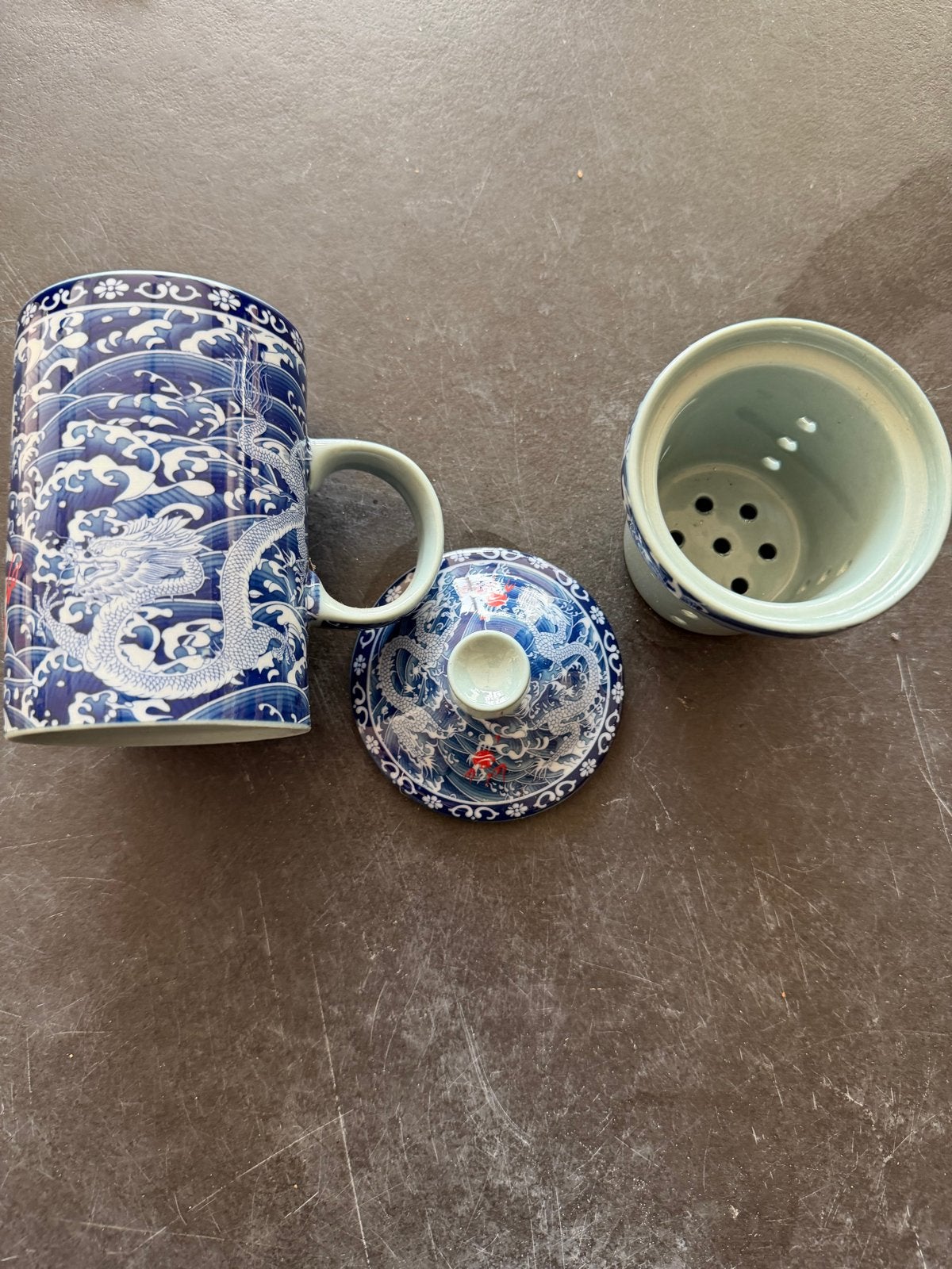 Chinese theemok met drakenmotief en zeef, Ophalen of Verzenden