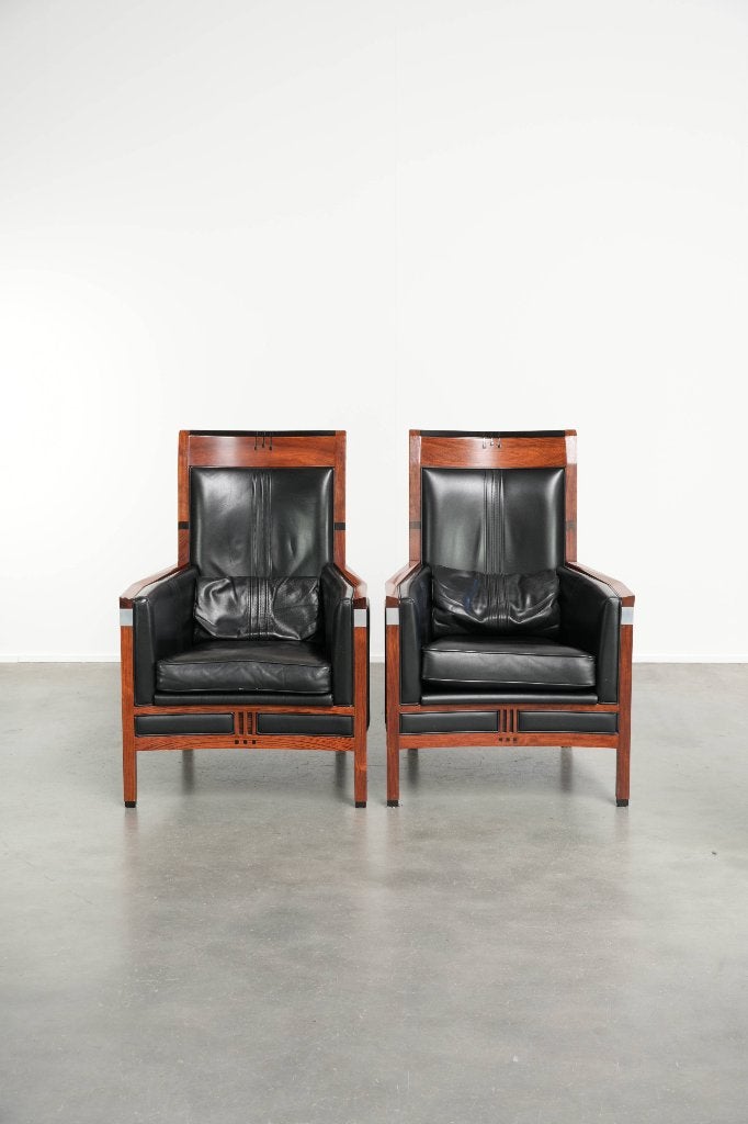 Set van 2 Schuitema Art Deco design fauteuils in zwart leer, Ophalen, Gebruikt, Schuitema, /