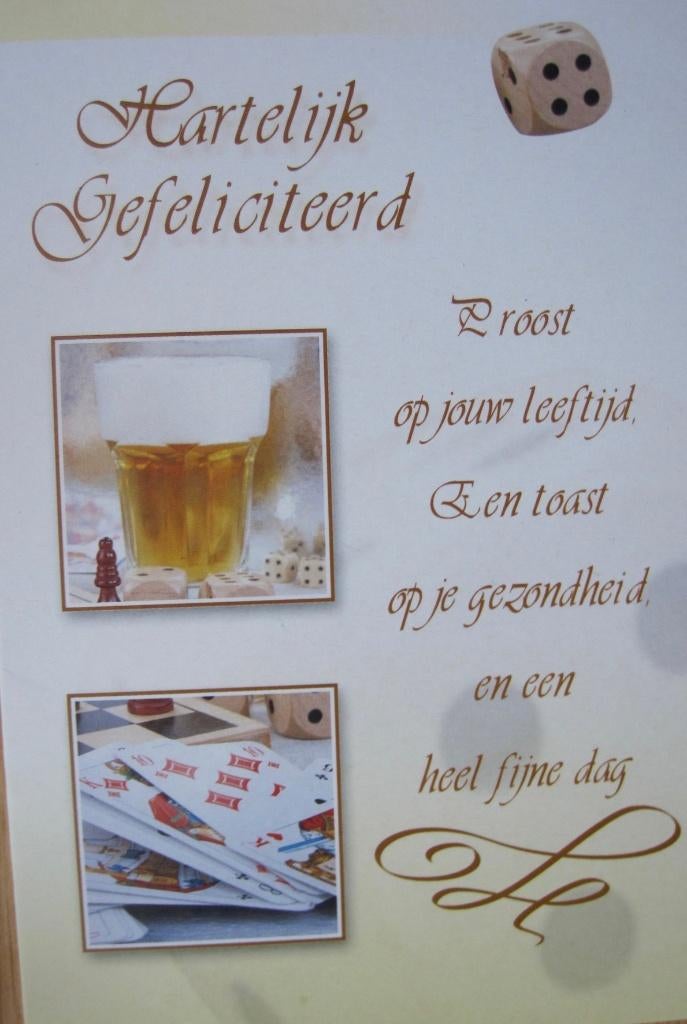 Hartelijk gefeliciteerd - speelkaarten - bier - dobbelsteen, Verzenden, 1980 tot heden, Gelopen, Overige thema's