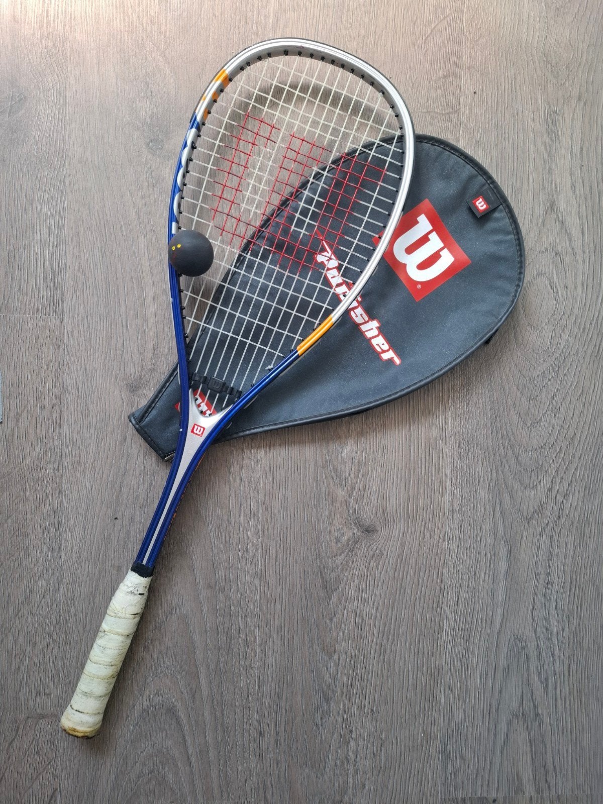 Wilson Punisher Squash Racket met hoes en bal, Sport en Fitness, Squash, Ophalen of Verzenden, Zo goed als nieuw, Racket, Met hoes